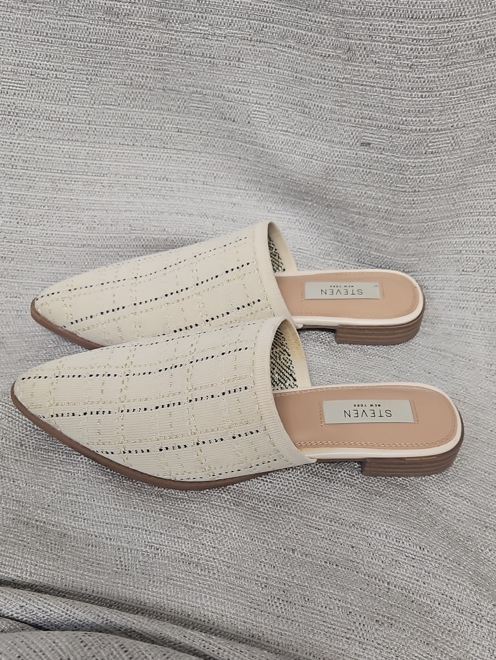 Steven New York Cream Woven Pointed Toe Slip-On Mules